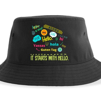 It Starts With Hello Friendship Unity Inclusion Teacher Gift Sustainable Bucket Hat