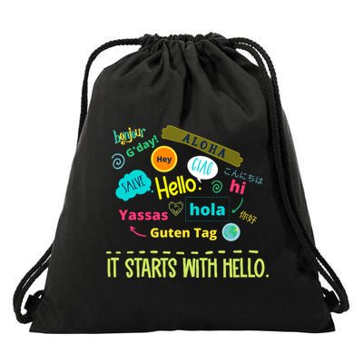 It Starts With Hello Friendship Unity Inclusion Teacher Gift Drawstring Bag