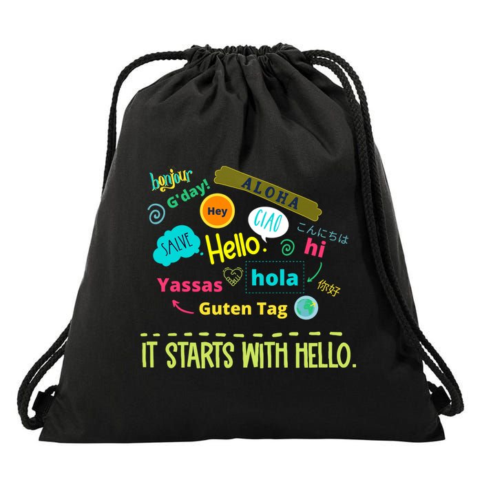 It Starts With Hello Friendship Unity Inclusion Teacher Gift Drawstring Bag