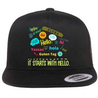 It Starts With Hello Friendship Unity Inclusion Teacher Gift Flat Bill Trucker Hat
