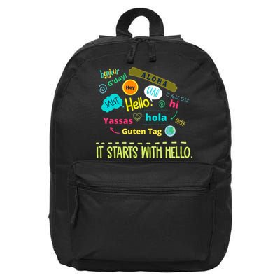 It Starts With Hello Friendship Unity Inclusion Teacher Gift 16 in Basic Backpack