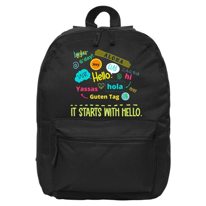 It Starts With Hello Friendship Unity Inclusion Teacher Gift 16 in Basic Backpack