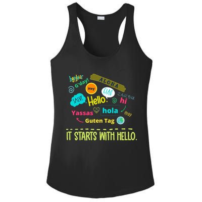 It Starts With Hello Friendship Unity Inclusion Teacher Gift Ladies PosiCharge Competitor Racerback Tank
