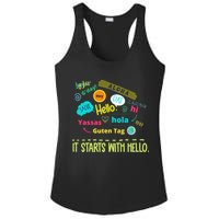 It Starts With Hello Friendship Unity Inclusion Teacher Gift Ladies PosiCharge Competitor Racerback Tank