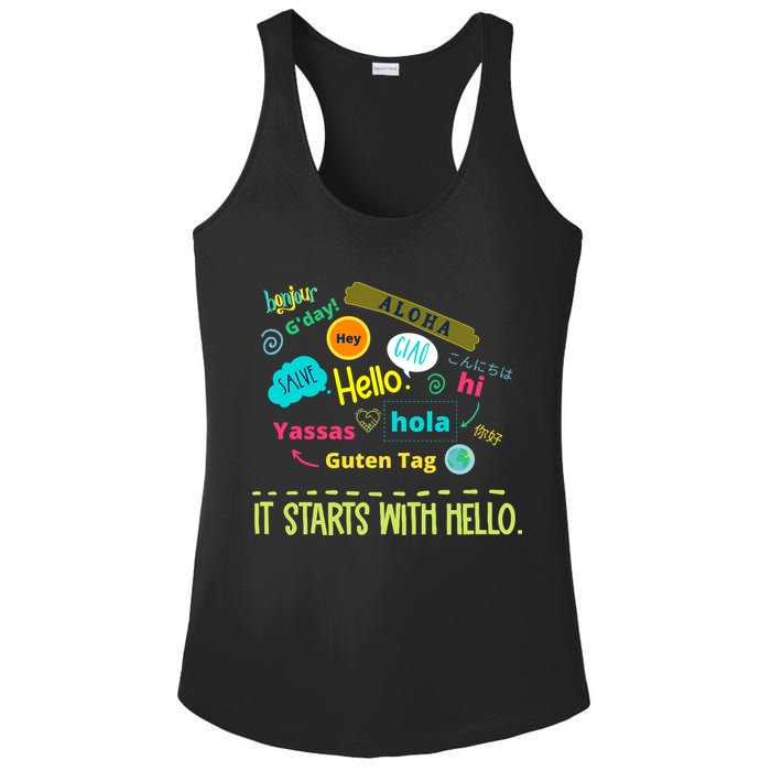 It Starts With Hello Friendship Unity Inclusion Teacher Gift Ladies PosiCharge Competitor Racerback Tank