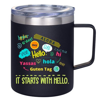 It Starts With Hello Friendship Unity Inclusion Teacher Gift 12oz Stainless Steel Coffee Mug