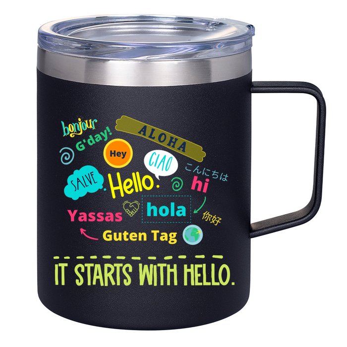 It Starts With Hello Friendship Unity Inclusion Teacher Gift 12oz Stainless Steel Coffee Mug