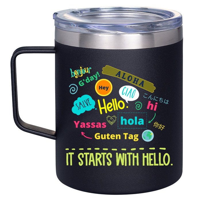 It Starts With Hello Friendship Unity Inclusion Teacher Gift 12oz Stainless Steel Coffee Mug