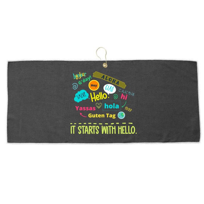 It Starts With Hello Friendship Unity Inclusion Teacher Gift Large Microfiber Waffle Golf Towel