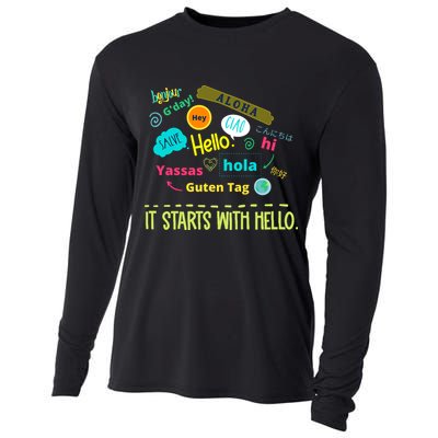 It Starts With Hello Friendship Unity Inclusion Teacher Gift Cooling Performance Long Sleeve Crew