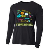 It Starts With Hello Friendship Unity Inclusion Teacher Gift Cooling Performance Long Sleeve Crew