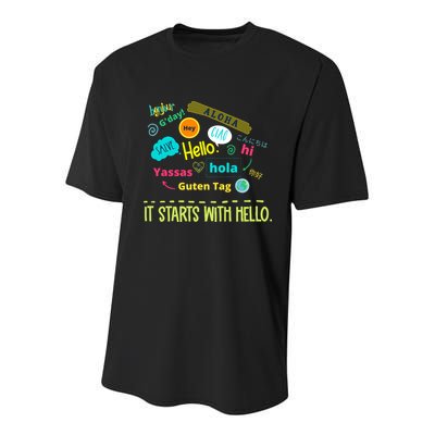 It Starts With Hello Friendship Unity Inclusion Teacher Gift Youth Performance Sprint T-Shirt