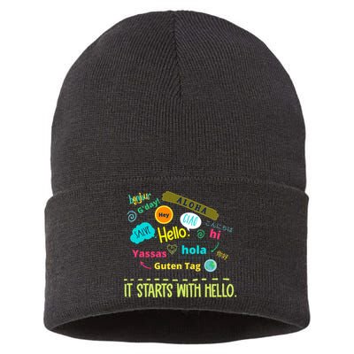 It Starts With Hello Friendship Unity Inclusion Teacher Gift Sustainable Knit Beanie