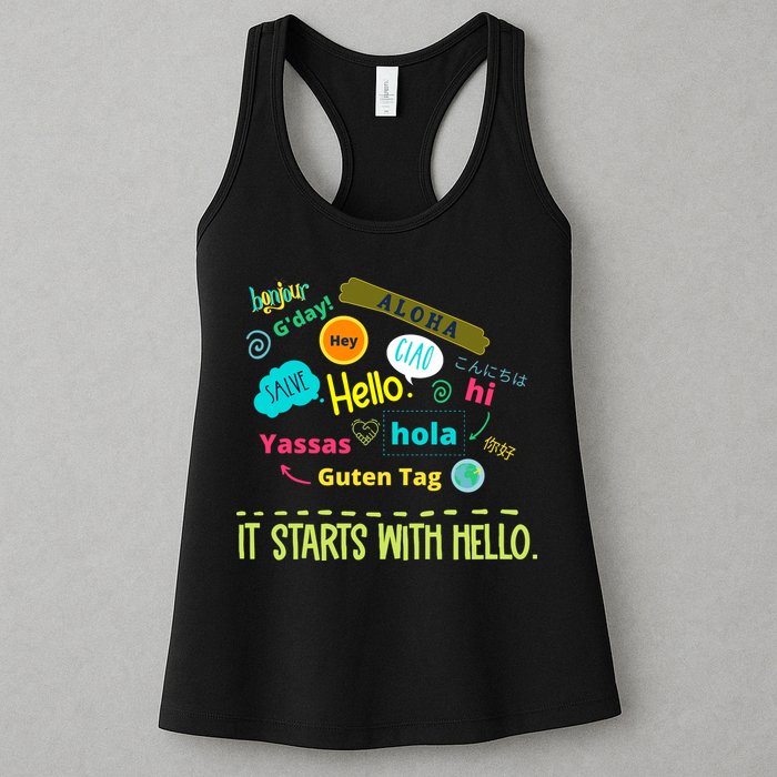 It Starts With Hello Friendship Unity Inclusion Teacher Gift Womens Tank Top