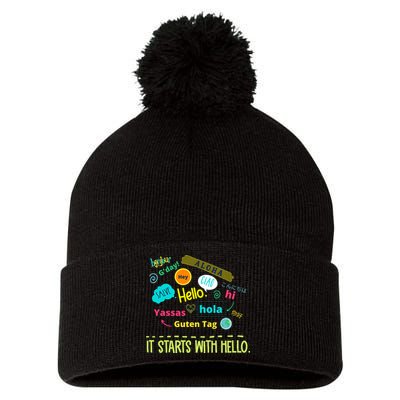 It Starts With Hello Friendship Unity Inclusion Teacher Gift Pom Pom 12in Knit Beanie
