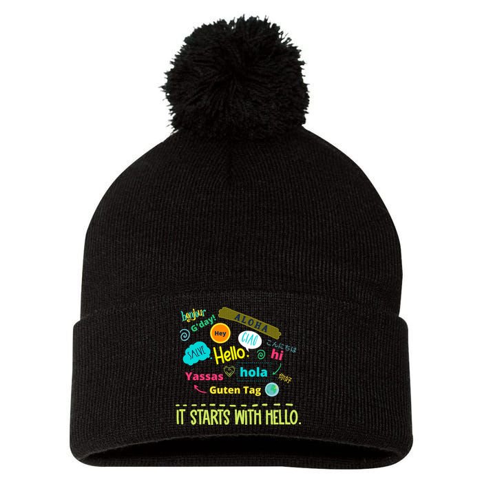 It Starts With Hello Friendship Unity Inclusion Teacher Gift Pom Pom 12in Knit Beanie