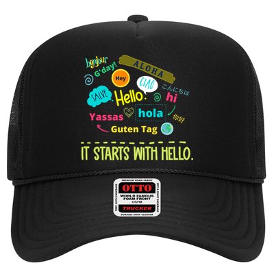 It Starts With Hello Friendship Unity Inclusion Teacher Gift Trucker Hat