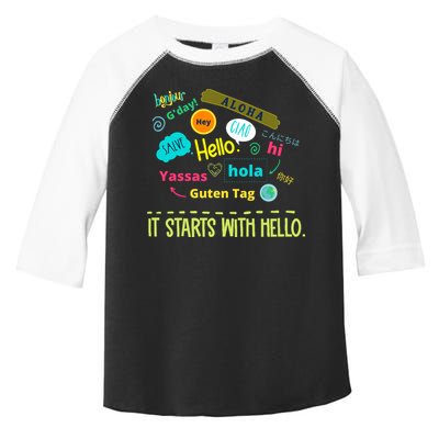 It Starts With Hello Friendship Unity Inclusion Teacher Gift Toddler Fine Jersey T-Shirt