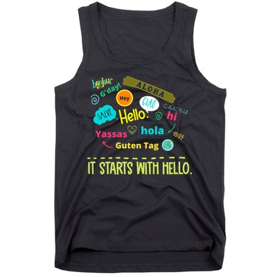 It Starts With Hello Friendship Unity Inclusion Teacher Gift Tank Top