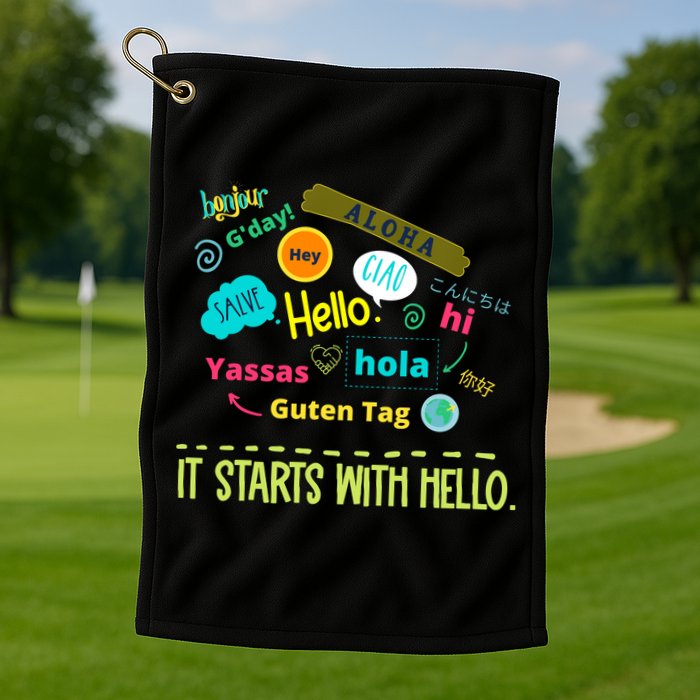 It Starts With Hello Friendship Unity Inclusion Teacher Gift Golf Towel