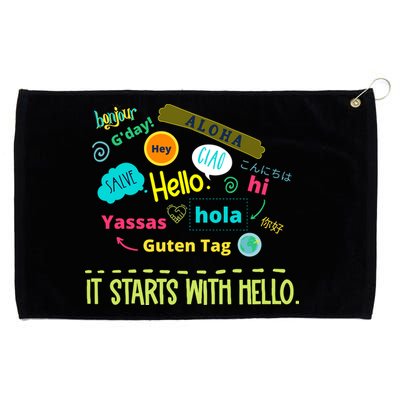 It Starts With Hello Friendship Unity Inclusion Teacher Gift Grommeted Golf Towel