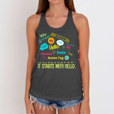 It Starts With Hello Friendship Unity Inclusion Teacher Gift Women's Knotted Racerback Tank