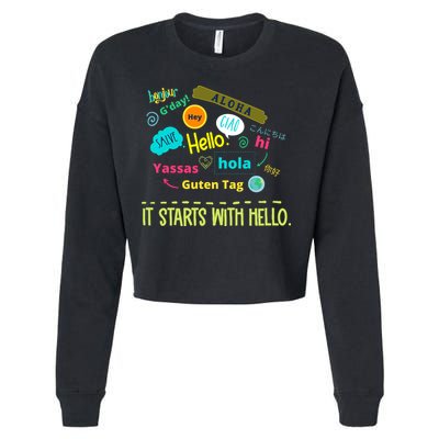 It Starts With Hello Friendship Unity Inclusion Teacher Gift Cropped Pullover Crew