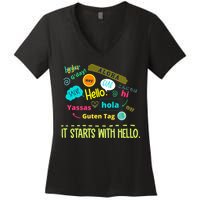It Starts With Hello Friendship Unity Inclusion Teacher Gift Women's V-Neck T-Shirt