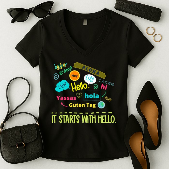 It Starts With Hello Friendship Unity Inclusion Teacher Gift Women's V-Neck T-Shirt