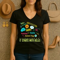 It Starts With Hello Friendship Unity Inclusion Teacher Gift Women's V-Neck T-Shirt
