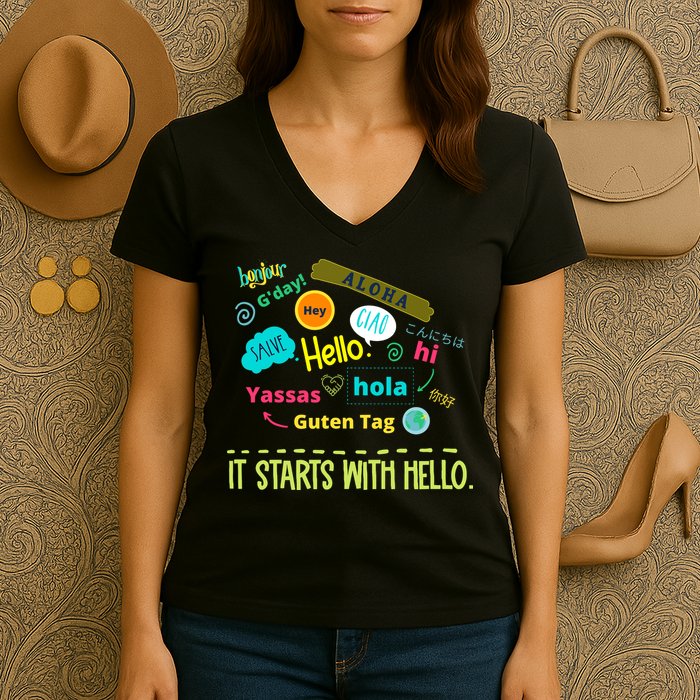 It Starts With Hello Friendship Unity Inclusion Teacher Gift Women's V-Neck T-Shirt