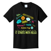 It Starts With Hello Friendship Unity Inclusion Teacher Gift Kids T-Shirt