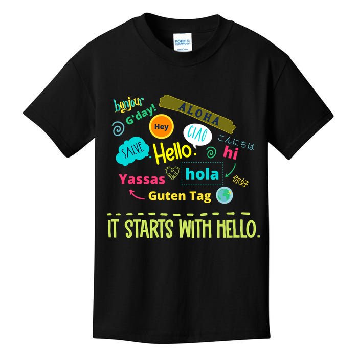 It Starts With Hello Friendship Unity Inclusion Teacher Gift Kids T-Shirt