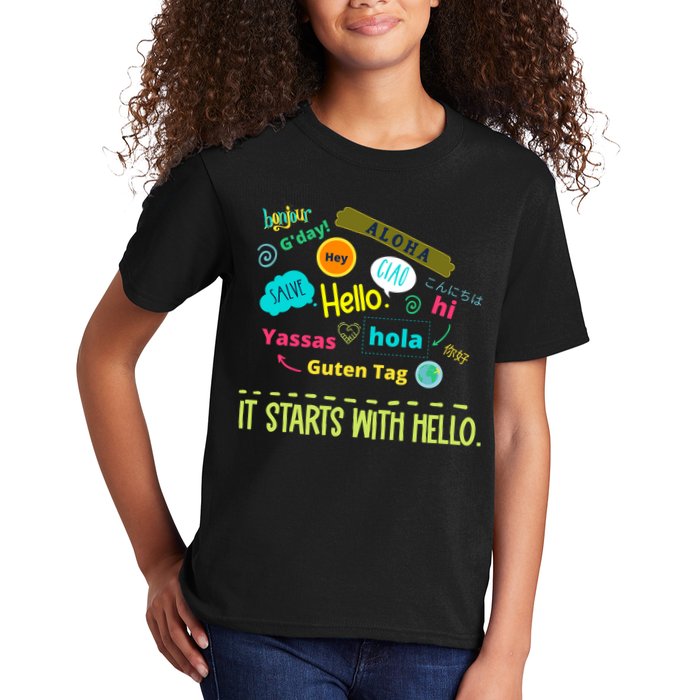 It Starts With Hello Friendship Unity Inclusion Teacher Gift Kids T-Shirt