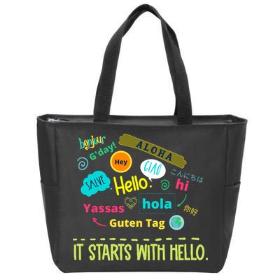 It Starts With Hello Friendship Unity Inclusion Teacher Gift Zip Tote Bag
