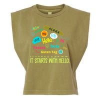 It Starts With Hello Friendship Unity Inclusion Teacher Gift Garment-Dyed Women's Muscle Tee