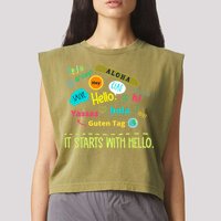 It Starts With Hello Friendship Unity Inclusion Teacher Gift Garment-Dyed Women's Muscle Tee