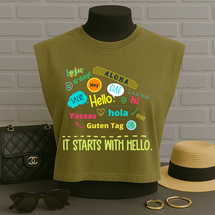 It Starts With Hello Friendship Unity Inclusion Teacher Gift Garment-Dyed Women's Muscle Tee