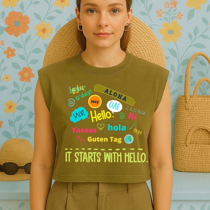 It Starts With Hello Friendship Unity Inclusion Teacher Gift Garment-Dyed Women's Muscle Tee