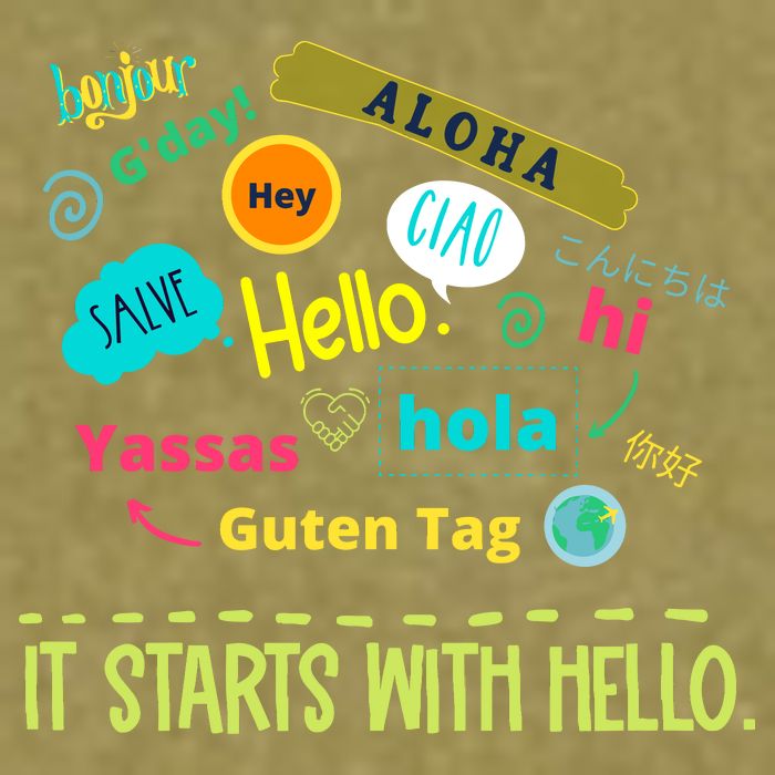 It Starts With Hello Friendship Unity Inclusion Teacher Gift Garment-Dyed Women's Muscle Tee