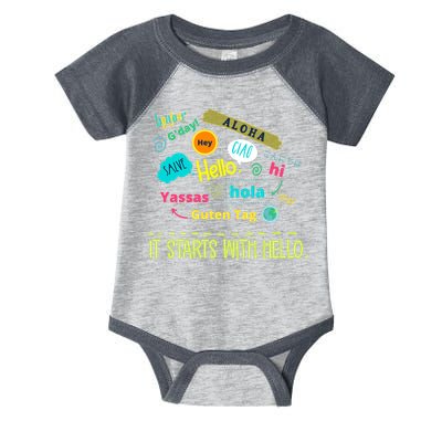 It Starts With Hello Friendship Unity Inclusion Teacher Gift Infant Baby Jersey Bodysuit