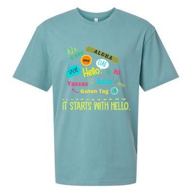 It Starts With Hello Friendship Unity Inclusion Teacher Gift Sueded Cloud Jersey T-Shirt