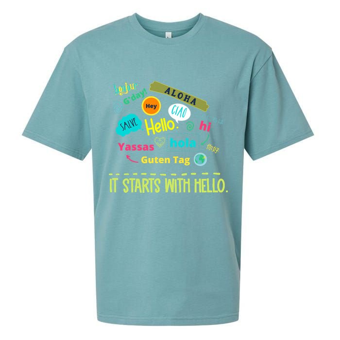 It Starts With Hello Friendship Unity Inclusion Teacher Gift Sueded Cloud Jersey T-Shirt