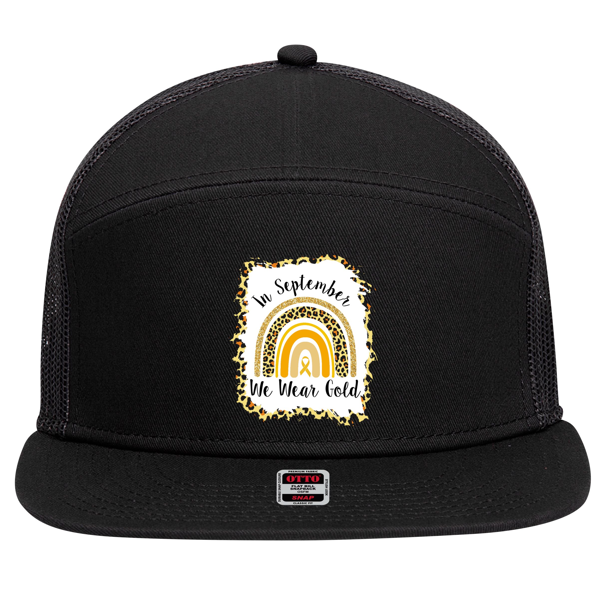 In September We Wear Gold Leopard Rainbow 7 Panel Mesh Trucker Snapback Hat