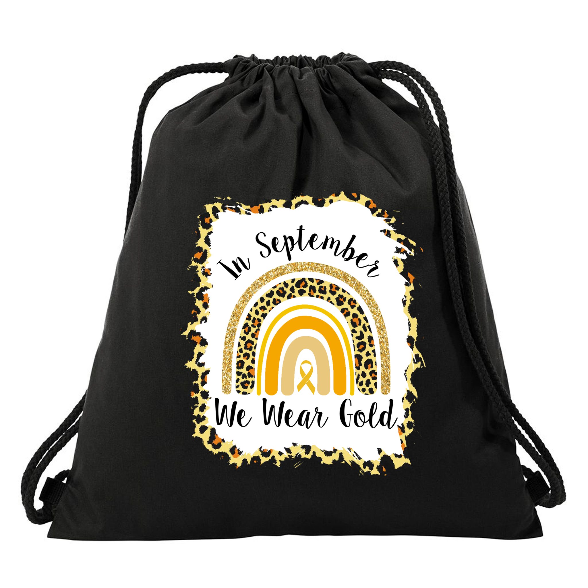 In September We Wear Gold Leopard Rainbow Drawstring Bag