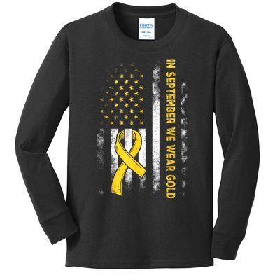 In September We Wear Gold Us Flag Childhood Cancer Awareness Kids Long Sleeve Shirt