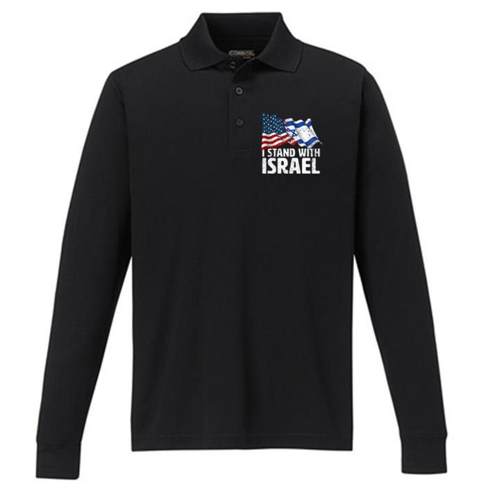 I Stand With Israel Usa American Flag W Israel Flag Performance Long Sleeve Polo