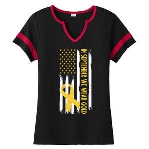 In September We Wear Gold Childhood Cancer Awareness Flag Ladies Halftime Notch Neck Tee