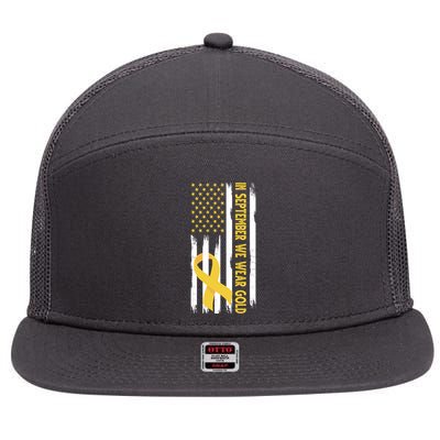 In September We Wear Gold Childhood Cancer Awareness Flag 7 Panel Mesh Trucker Snapback Hat