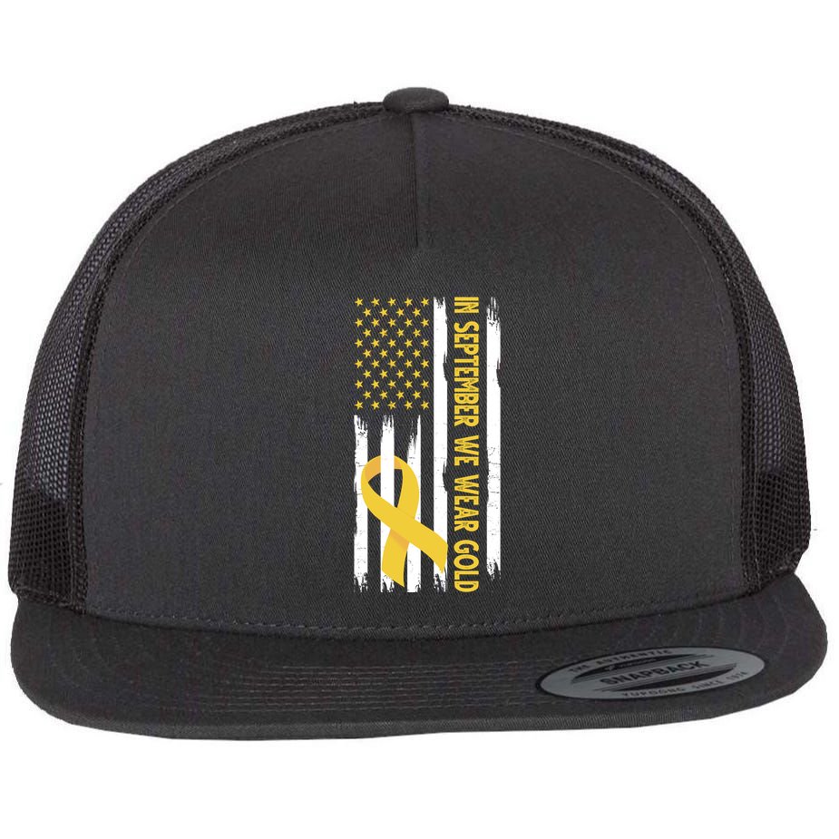 In September We Wear Gold Childhood Cancer Awareness Flag Flat Bill Trucker Hat